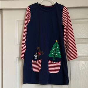 Festive Navy Dress with Striped Sleeves